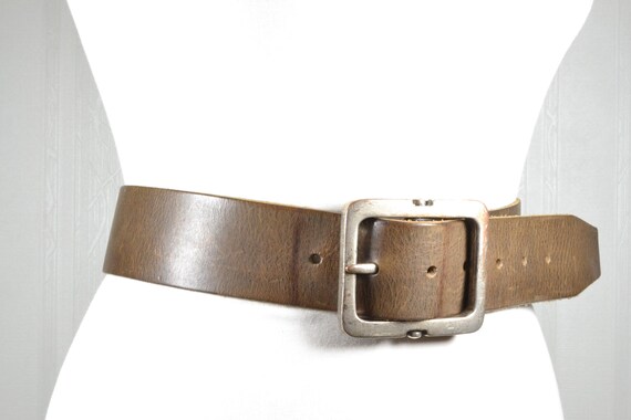 Wide Brown Leather Belt: Rectangular Buckle, Mini… - image 5