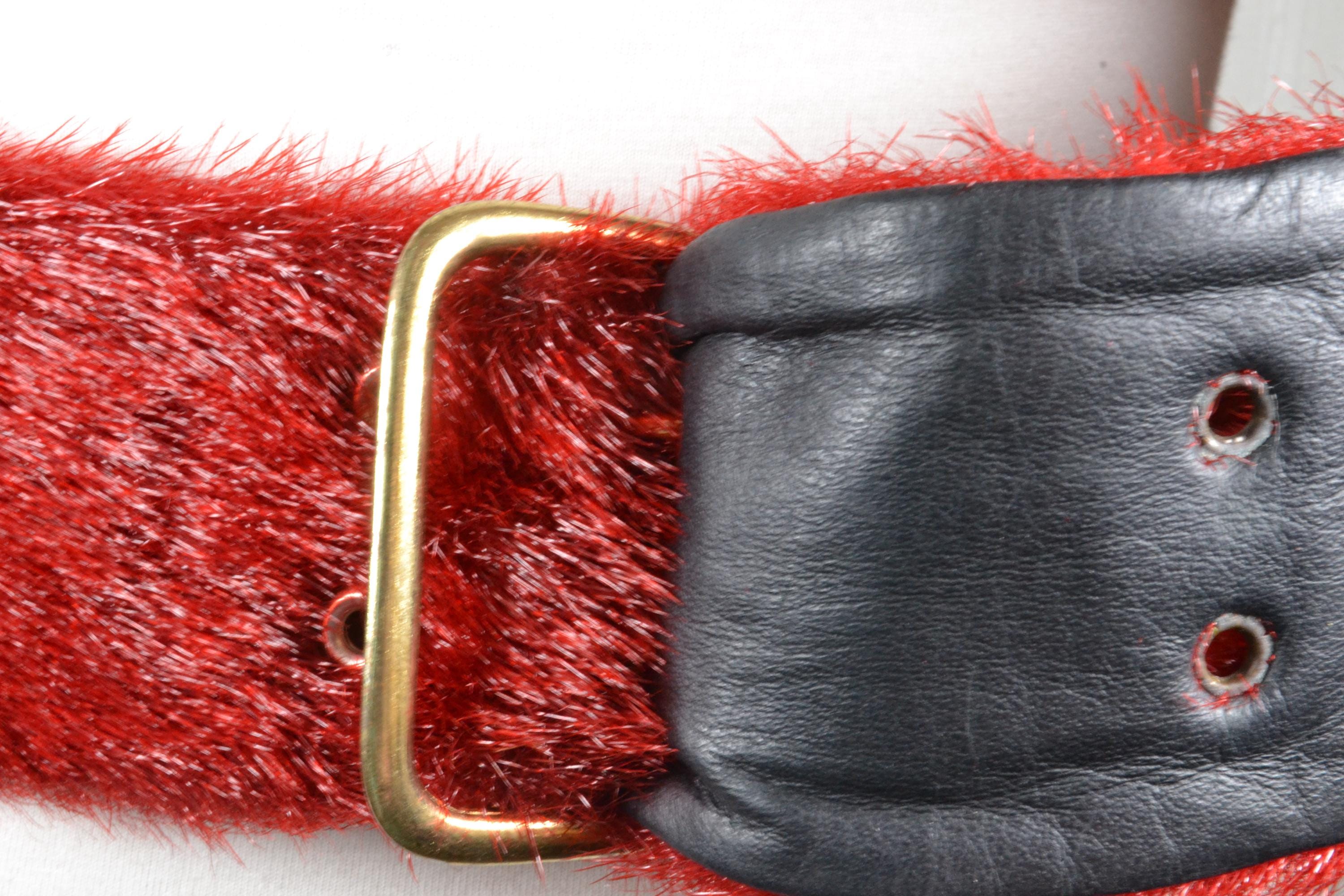 Red Faux Fur Statement Belt: Vintage Brass Buckle, Retro 