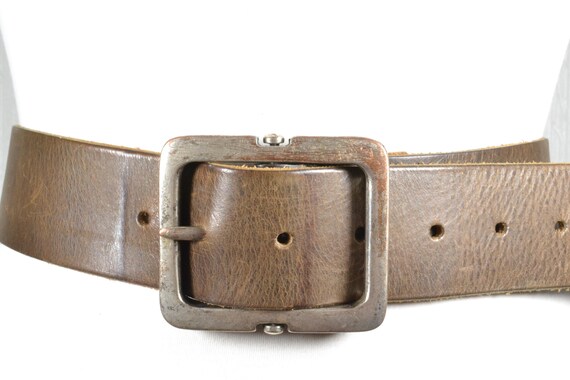 Wide Brown Leather Belt: Rectangular Buckle, Mini… - image 4