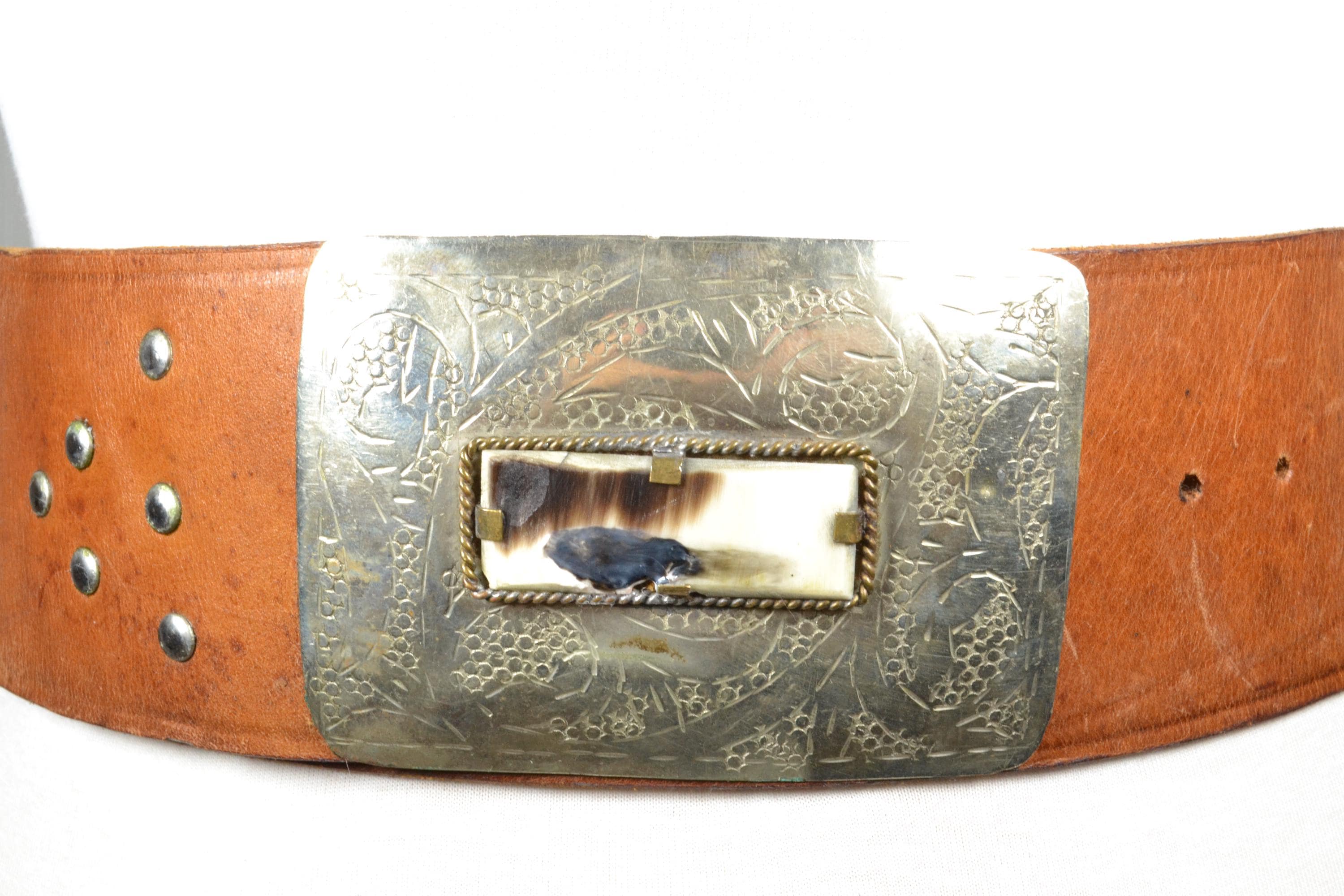 Vintage Wide Brown Leather Belt With Ornate Western Conchos  display picture 1