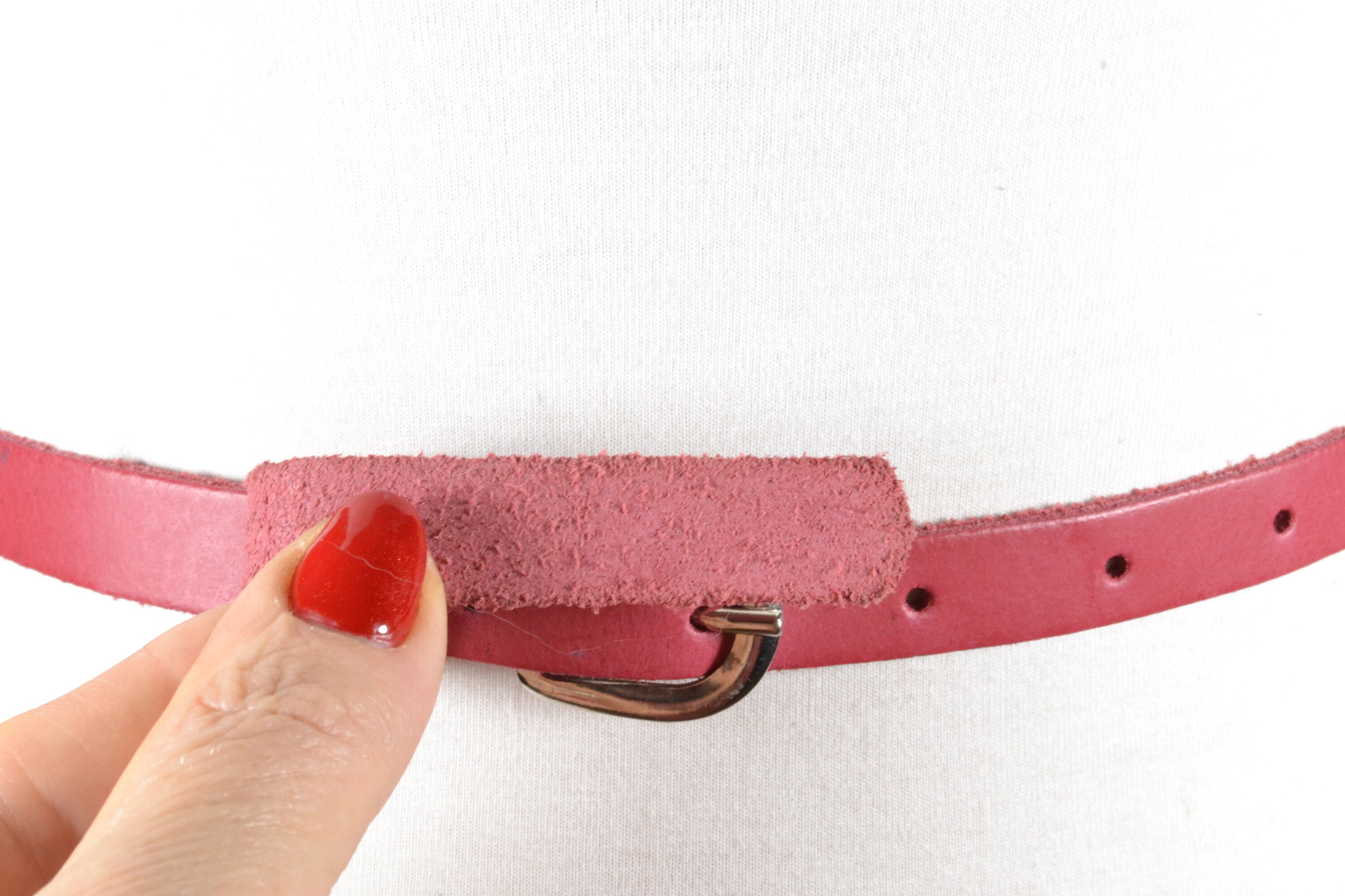 Vintage Boho Pink Leather Skinny Belt for Women With Silver  display picture 1