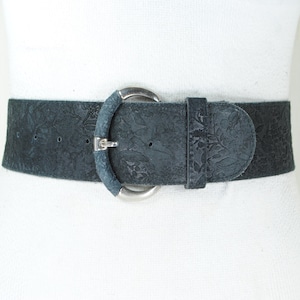 Vintage Black Embossed Leather Belt with Silver Buckle, 1980s Wide Waist Belt for Women