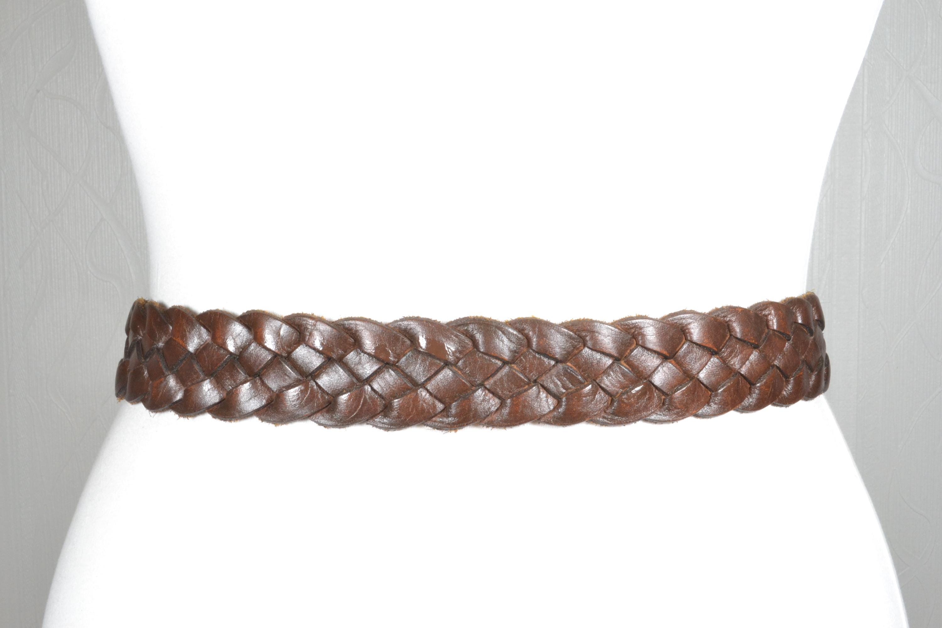 Vintage Western Brown Braided Woven Waist Belt With Brass 