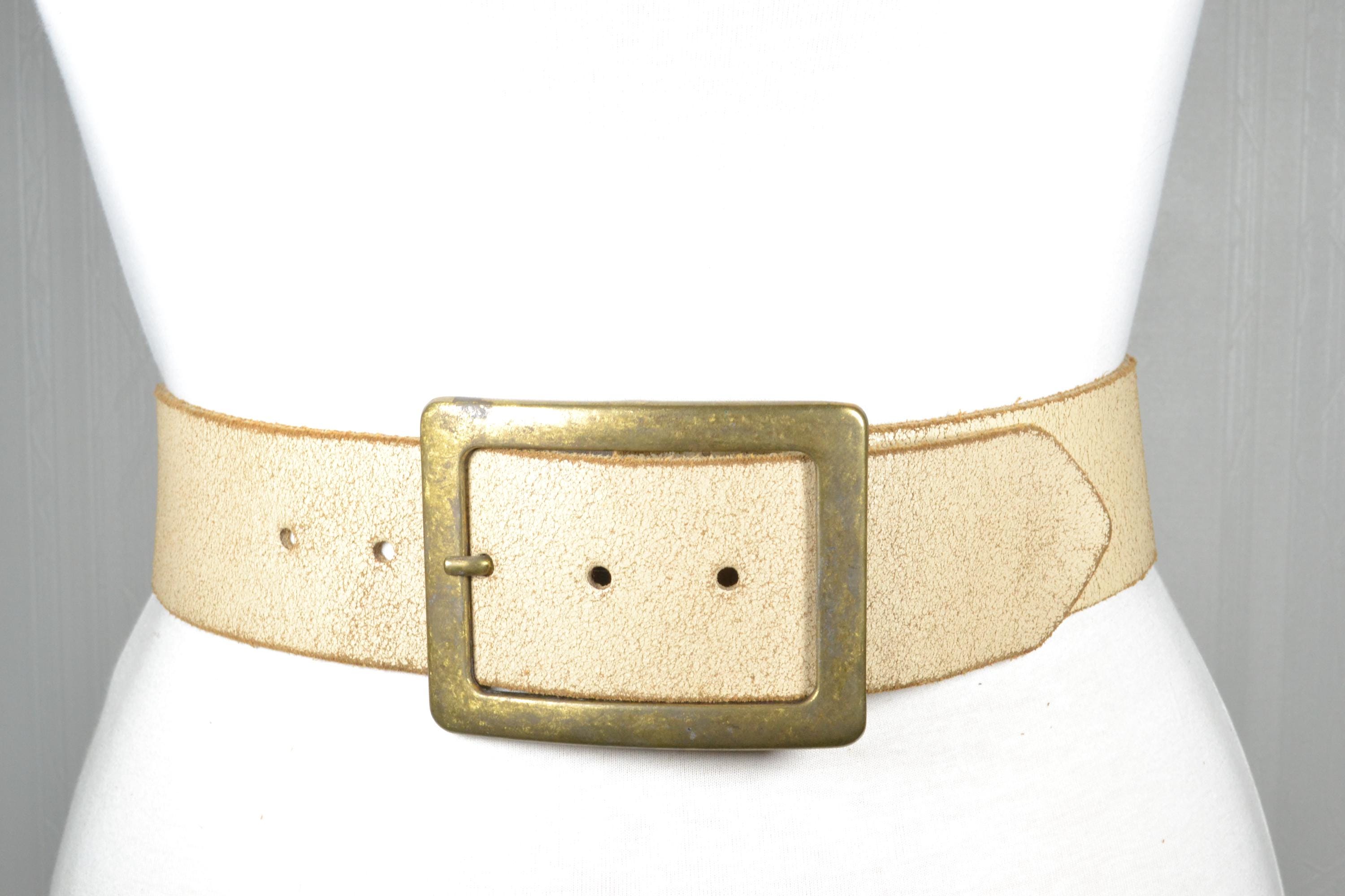 Vintage Wide Beige Leather Belt With Large Antique Brass  display picture 3