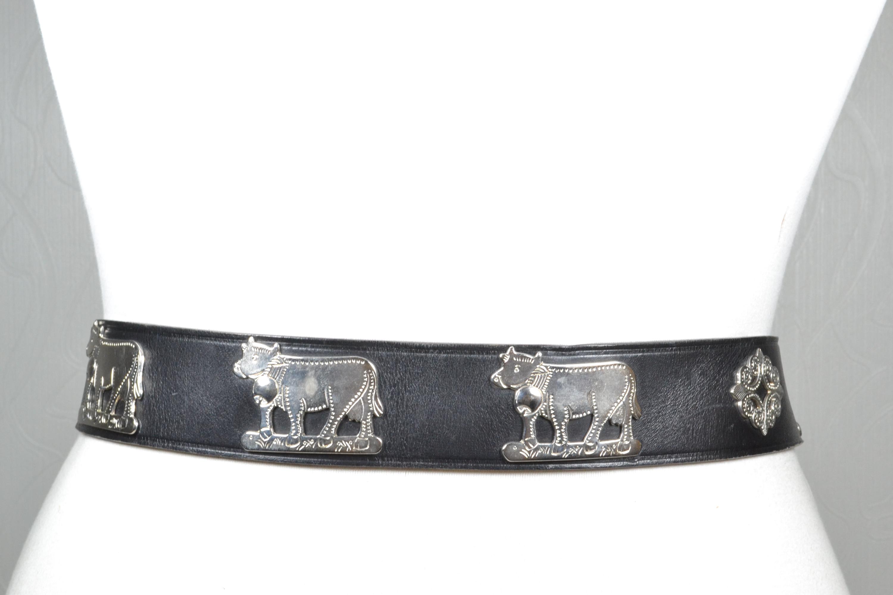Western Boho Black Leather Belt With Silver Ornate Cow and  display picture 1