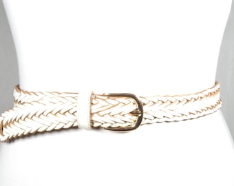 White Braided Leather Belt, Gold Buckle Boho Belt, Handmade Western Waist Belt, Shabby Chic Belt, Summer Festival Belt for Women