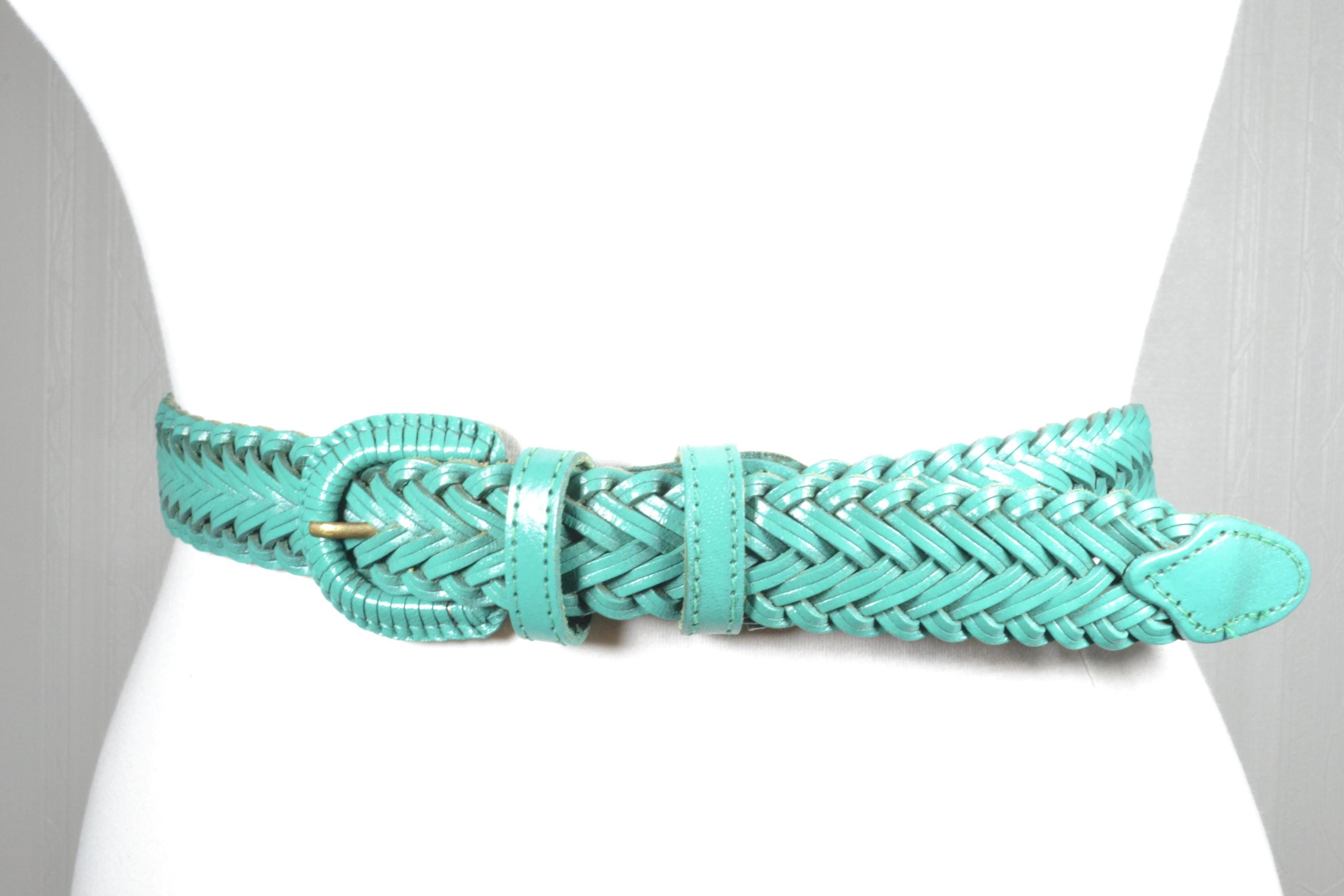 Vintage Woven Braided Ribbon Belt-Coastal Boho (Aqua Brown)Belt Size 13 FESTIVAL Vintage Boho Woven Blue and Green Braided Fabric Belt With  main image 3