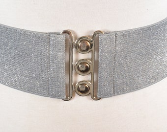 Vintage 80s Silver Metallic Sparkle Elastic Cinch Belt, Wide  display picture 2