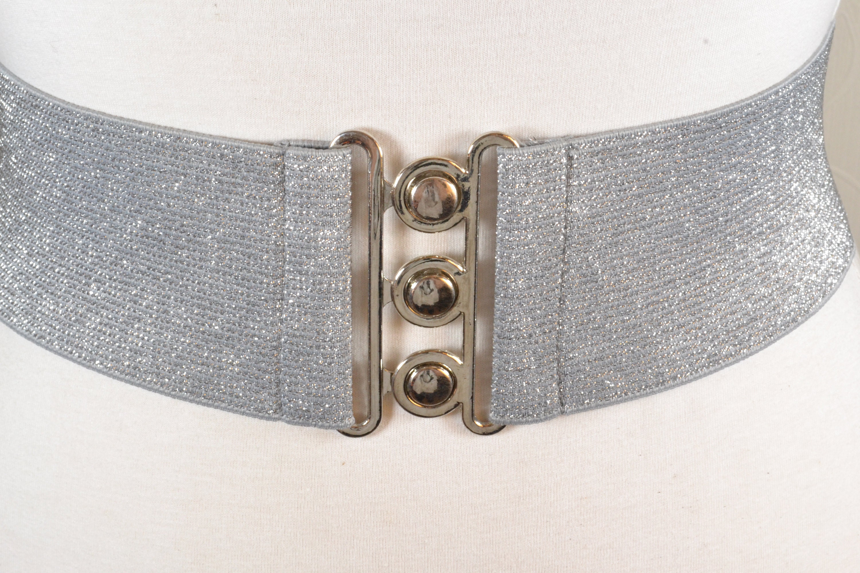 Vintage 80s Silver Metallic Sparkle Elastic Cinch Belt, Wide  display picture 1
