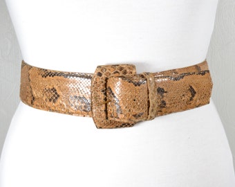 Vintage Brown Python Skin Belt: Wide Rectangular Buckle