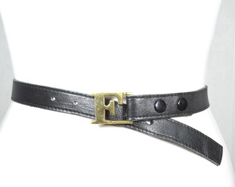Vintage Classic Black Leather Belt with Gold Monogram Buckle, Minimalist