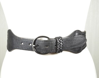 Vintage Black Braided Leather Belt: Rustic Brass Buckle  display picture 3