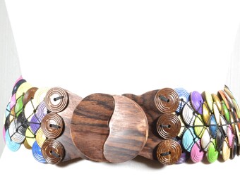 Boho Stretchable Belt With Chunky Wood Buckle and Brown and 