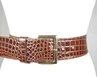 Vintage Wide Brown Croco Belt: Gold Buckle Crocodile Pattern Leather