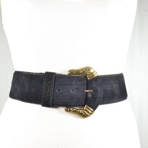 Vintage Wide Black Suede Belt Gold Buckle, Retro Belt Art Deco Style
