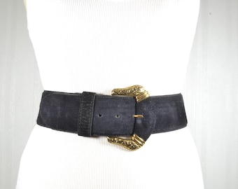 Vintage Black Suede Wide Belt: 50s Style Gold Buckle - Etsy display picture 1