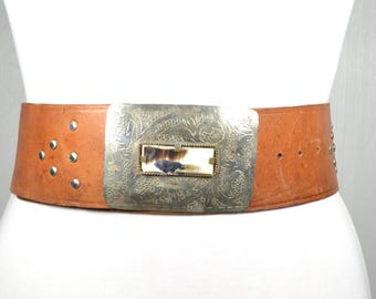 Vintage Wide Brown Leather Belt with Ornate Western Conchos and Studded Details, Rustic