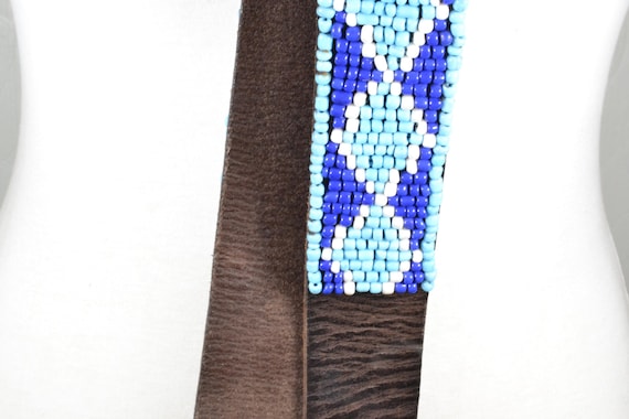 Brown Leather Belt With Blue Beaded Inlay, Southwestern Boho  display picture 3