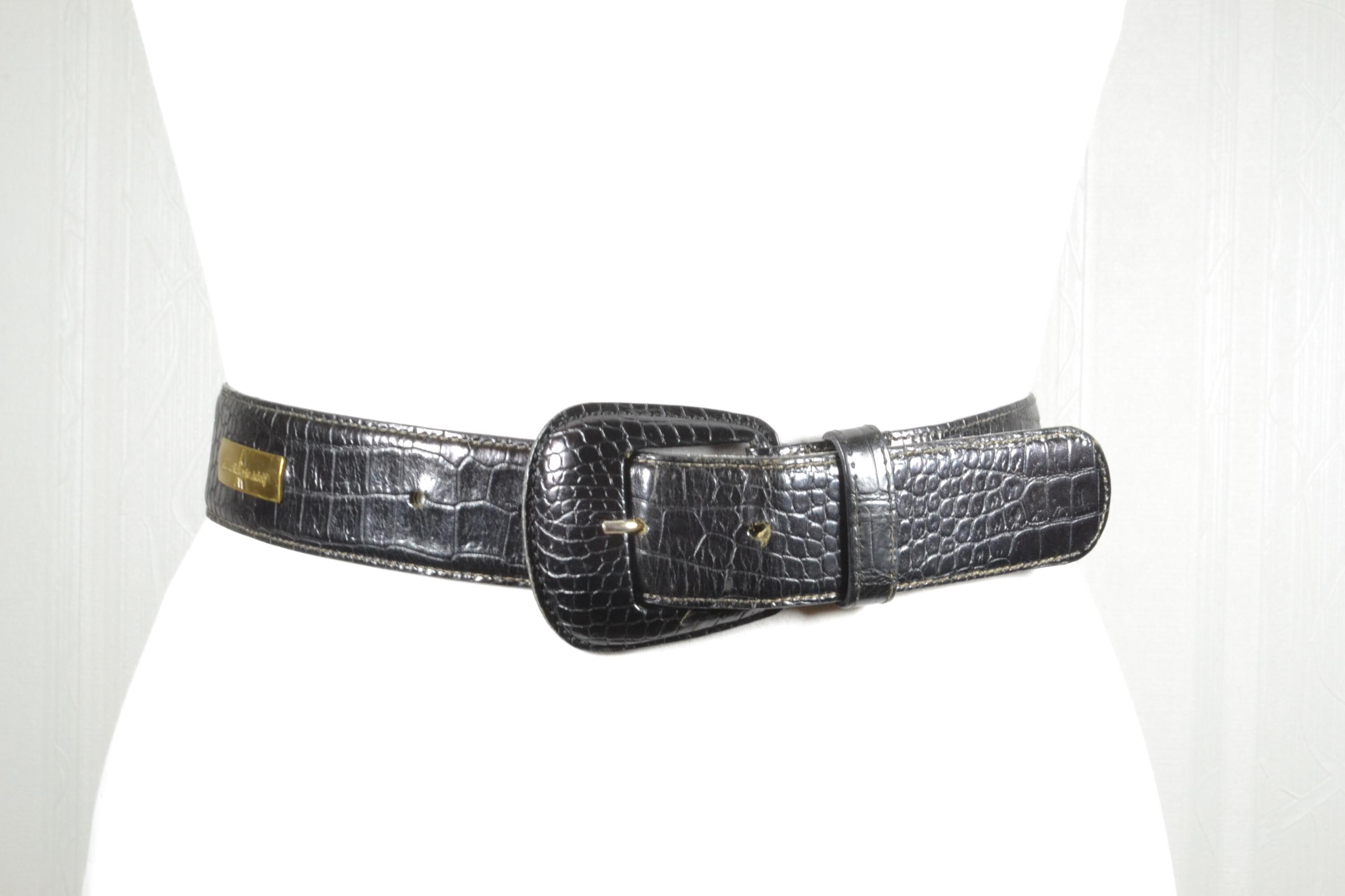 Italian Leather Black Croc-Embossed Wide Waist Oversized Belt Maximalist XS Women main image 3