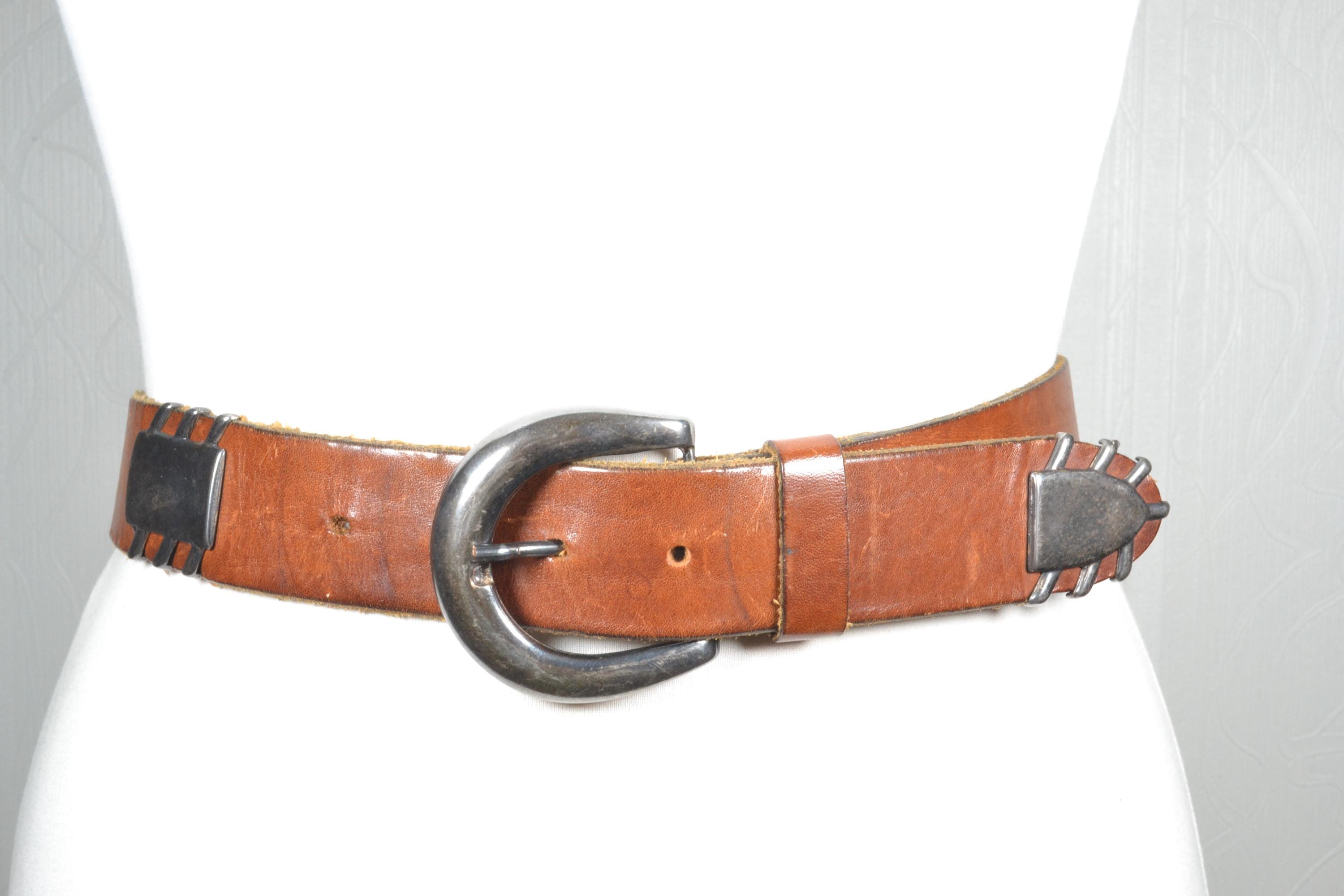 Vintage Rustic Southwestern Brown Leather Belt With Oval 