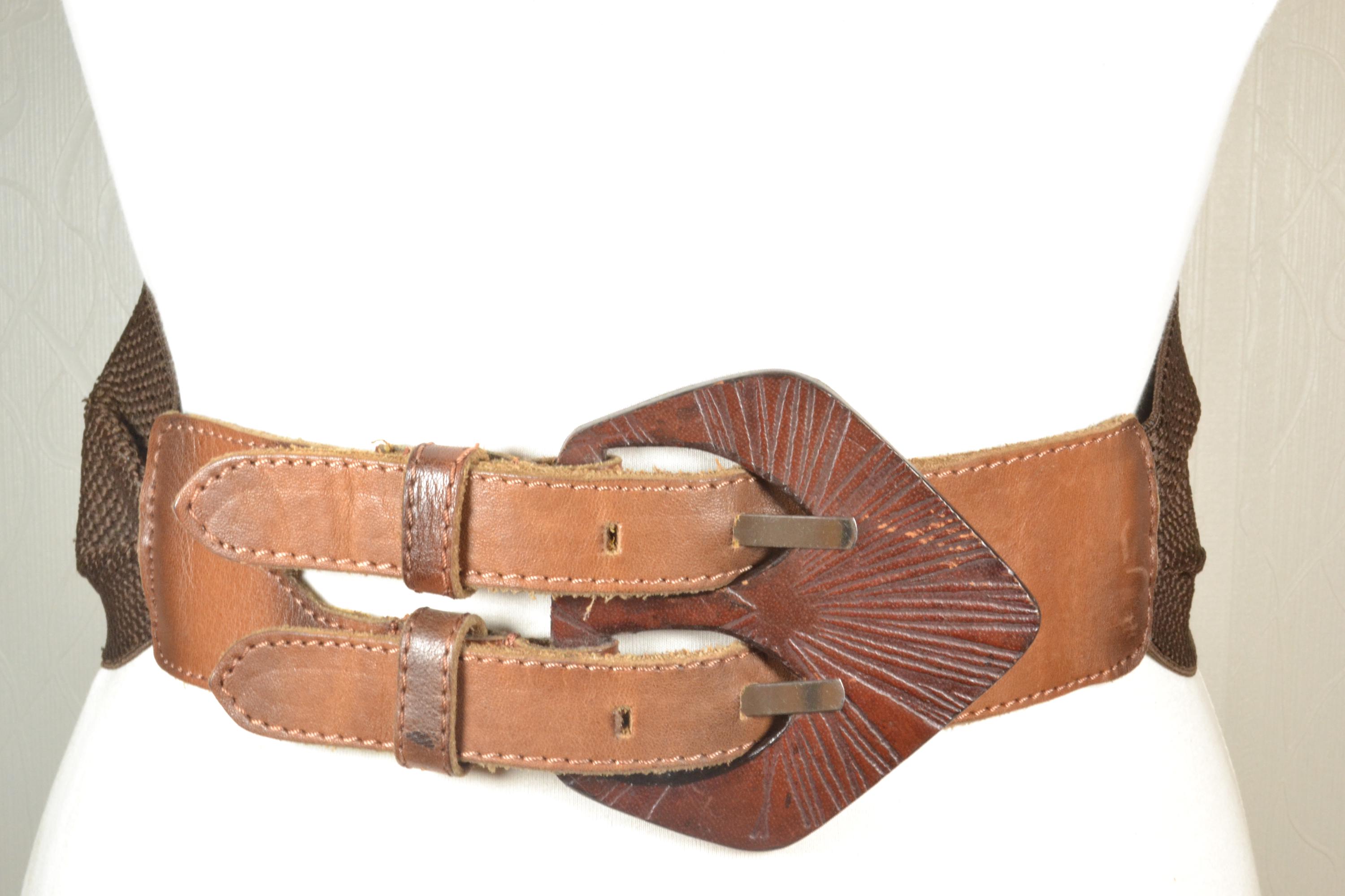 Vintage Brown Leather Belt Women\'s Solid Large Buckle, Double Layer Harness Belt No. 222 Harness Buckle Belt, Brown – Billykirk main image 3