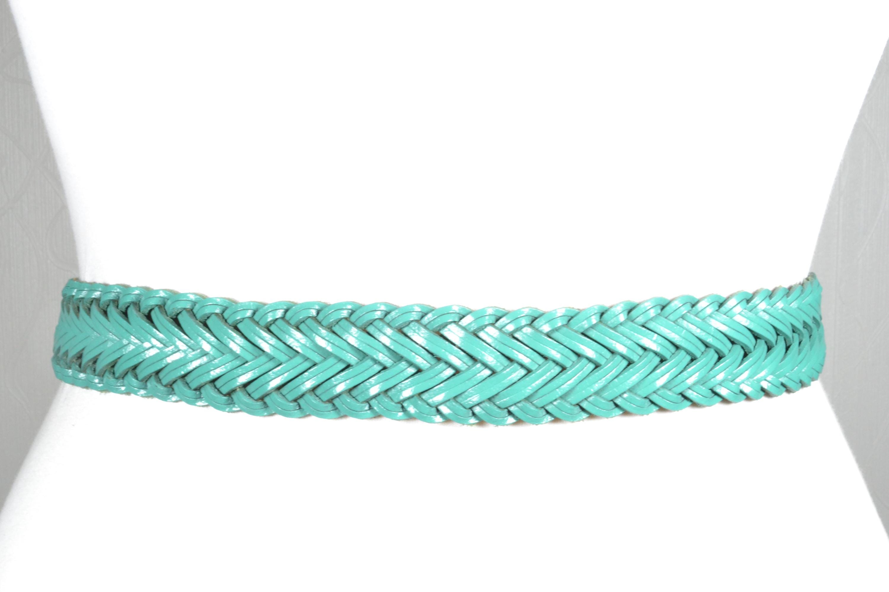 Vintage Woven Braided Ribbon Belt-Coastal Boho (Aqua Brown)Belt Size 13 FESTIVAL Vintage Boho Woven Blue and Green Braided Fabric Belt With  main image 2