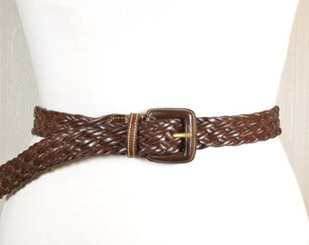 Vintage Boho Bohemian Braided Brown Leather Belt with Classic Covered Buckle