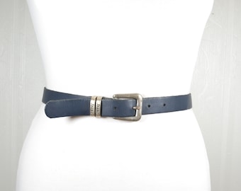 Skinny Navy Blue Leather Belt: Minimalist Silver Buckle Waist Belt