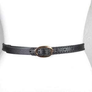 Vintage Skinny Black Leather Belt with Oval Gold Buckle, Perfect for Office and Business Look