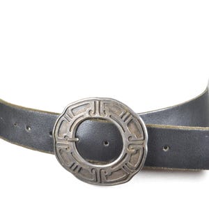 Black Leather Belt with Large Textured Circular Statement Buckle, Bold Industrial Fashion Belt,  Black Wide Western Belt,  Boho Cowboy Belt
