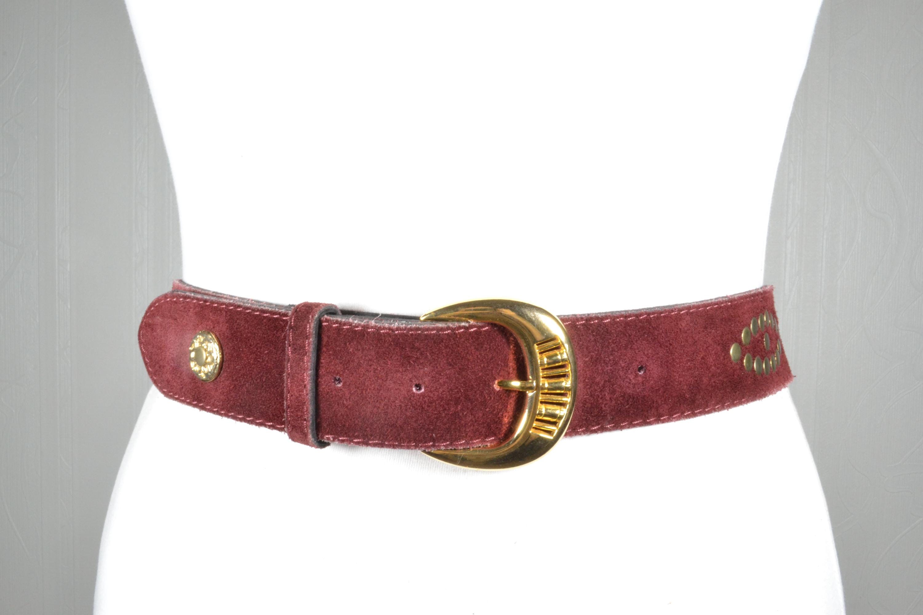Vintage Burgundy Suede Waist Belt With Gold Buckle, Maroon  display picture 2