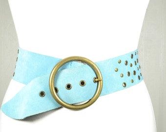 Vintage Light Blue Suede Belt: Wide Studded Boho Western Belt