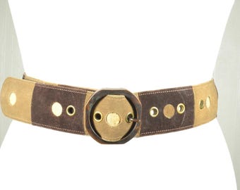 Vintage Two-Tone Suede Leather Belt: Art Nouveau Bronze Buckle