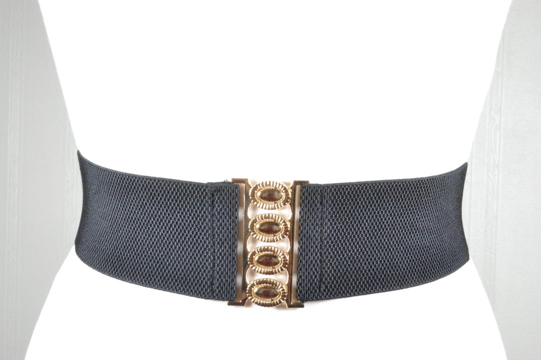Vintage Black Stretchy Belt: Wide Elastic Waist With Gold  display picture 1