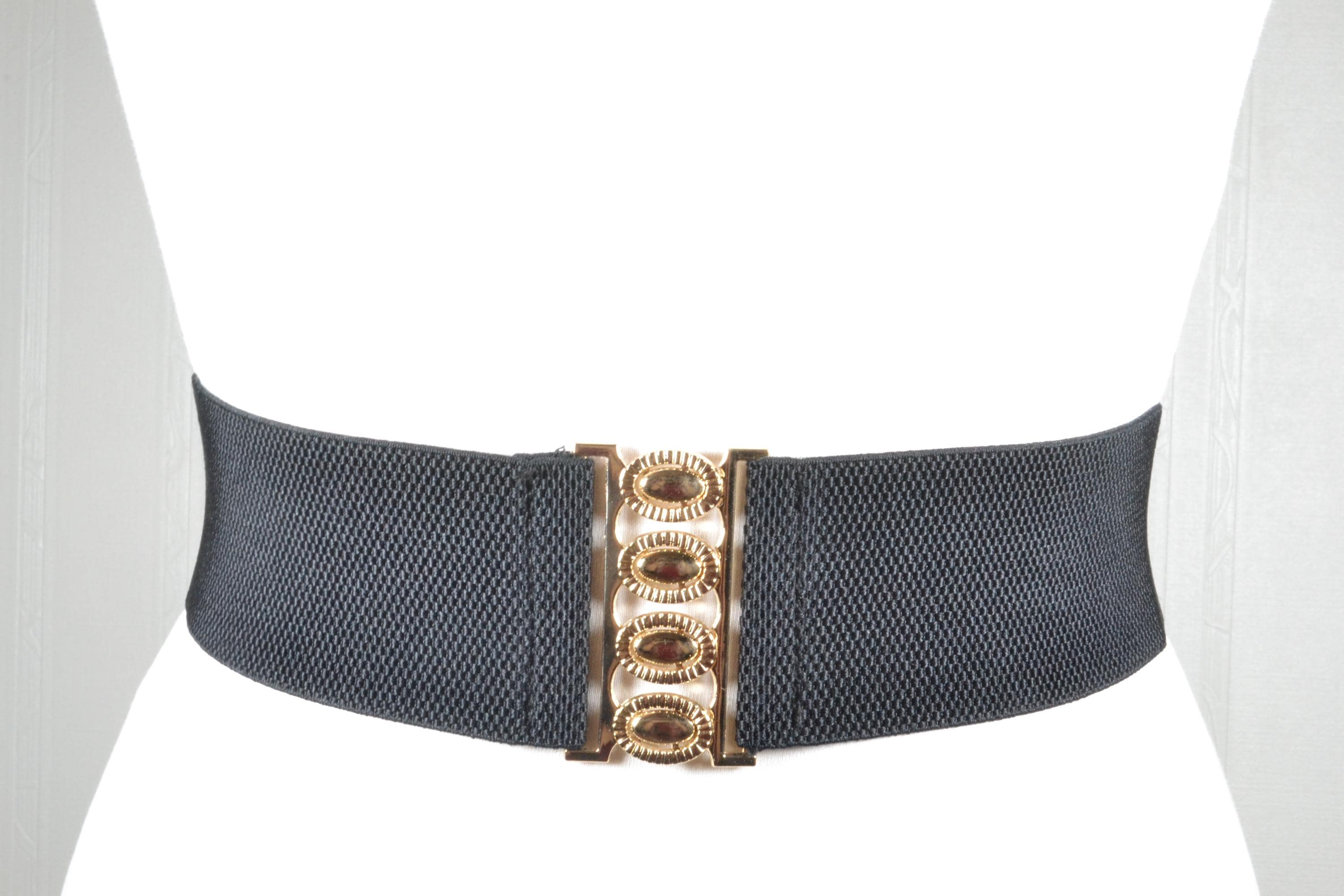 Vintage Black Stretchy Belt: Wide Elastic Waist With Gold 