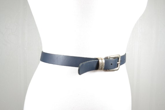 Skinny Navy Blue Leather Belt: Minimalist Silver Buckle  display picture 1