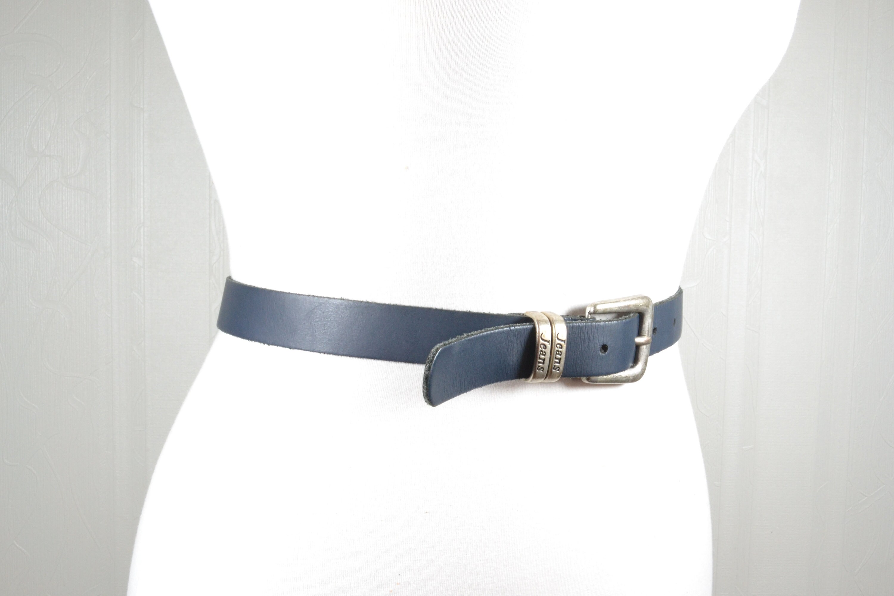 Skinny Navy Blue Leather Belt: Minimalist Silver Buckle 
