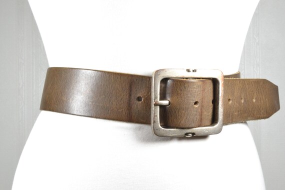 Wide Brown Leather Belt: Rectangular Buckle, Mini… - image 7