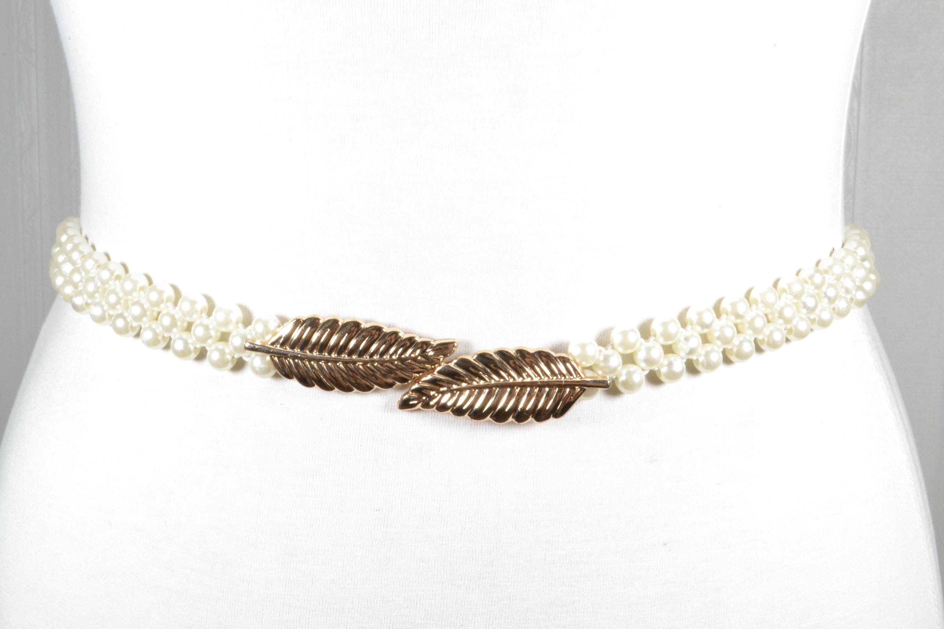 Gold Leaf Pearl Accent Waist Belt M1828 Faux Pearl Golden Leaf Belt Metal Waist Seal Vintage Lace Up  main image 2
