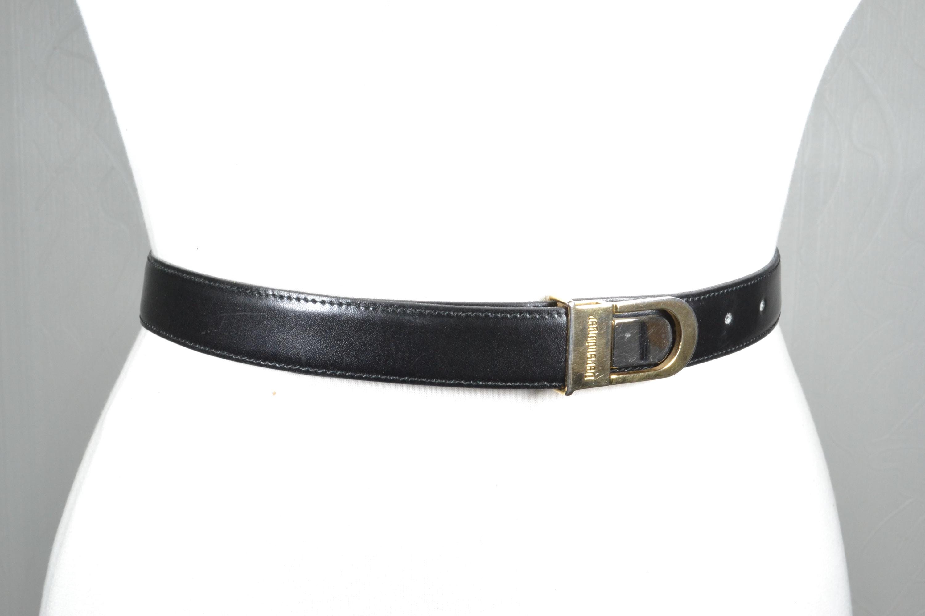 Vintage Classic Skinny Black Leather Belt With Gold and  display picture 2
