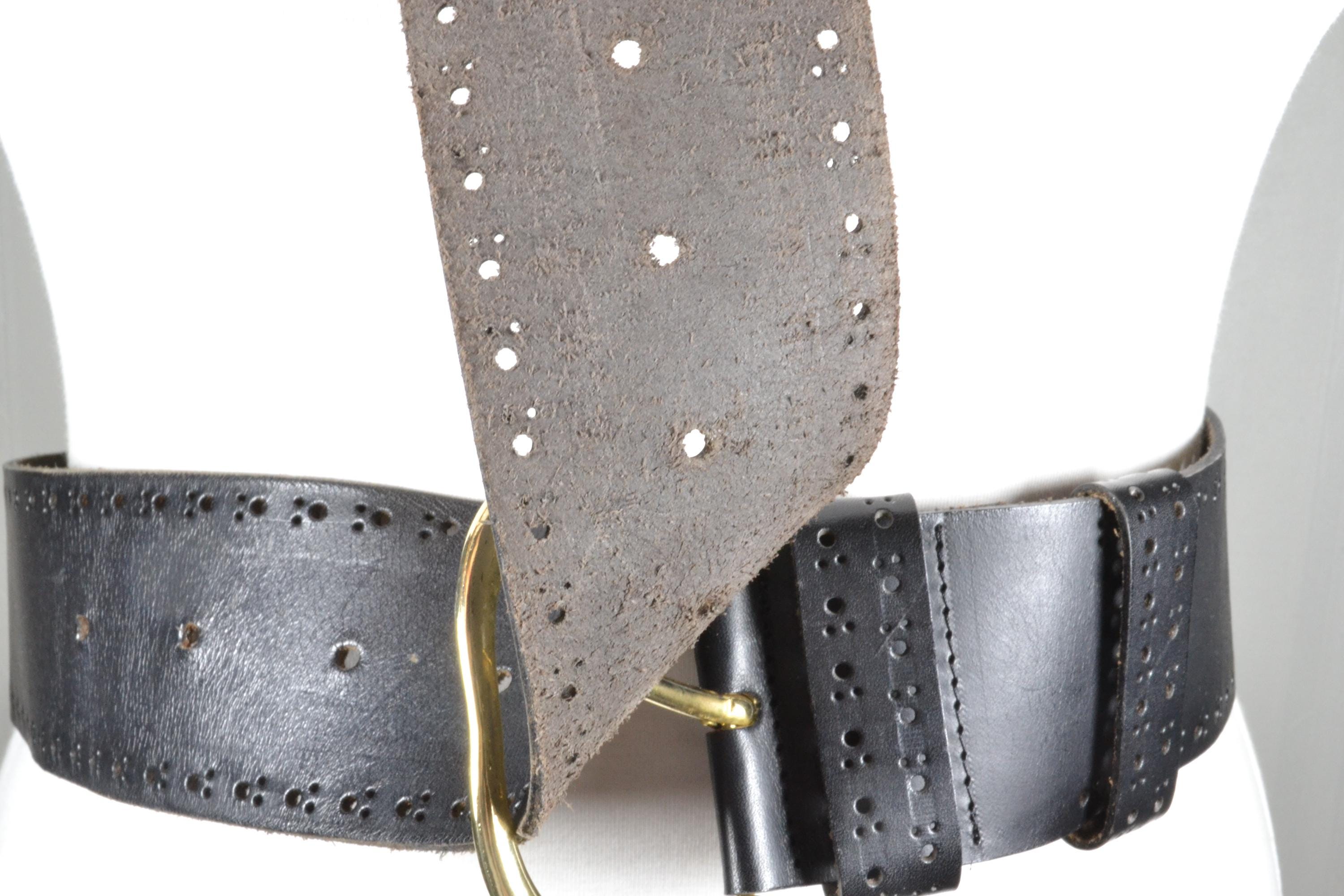 Vintage Wide Black Leather Belt: Perforated Western Design 