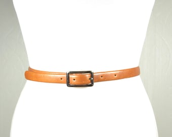 Vintage Tan Leather Skinny Belt with Rectangular Buckle