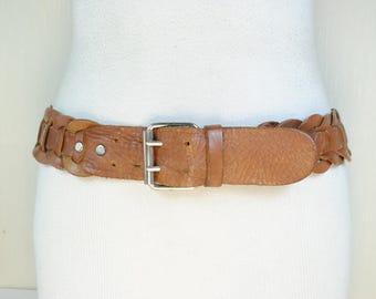 Wide Brown Braided Leather Belt: Tanned Leather, Vintage Style