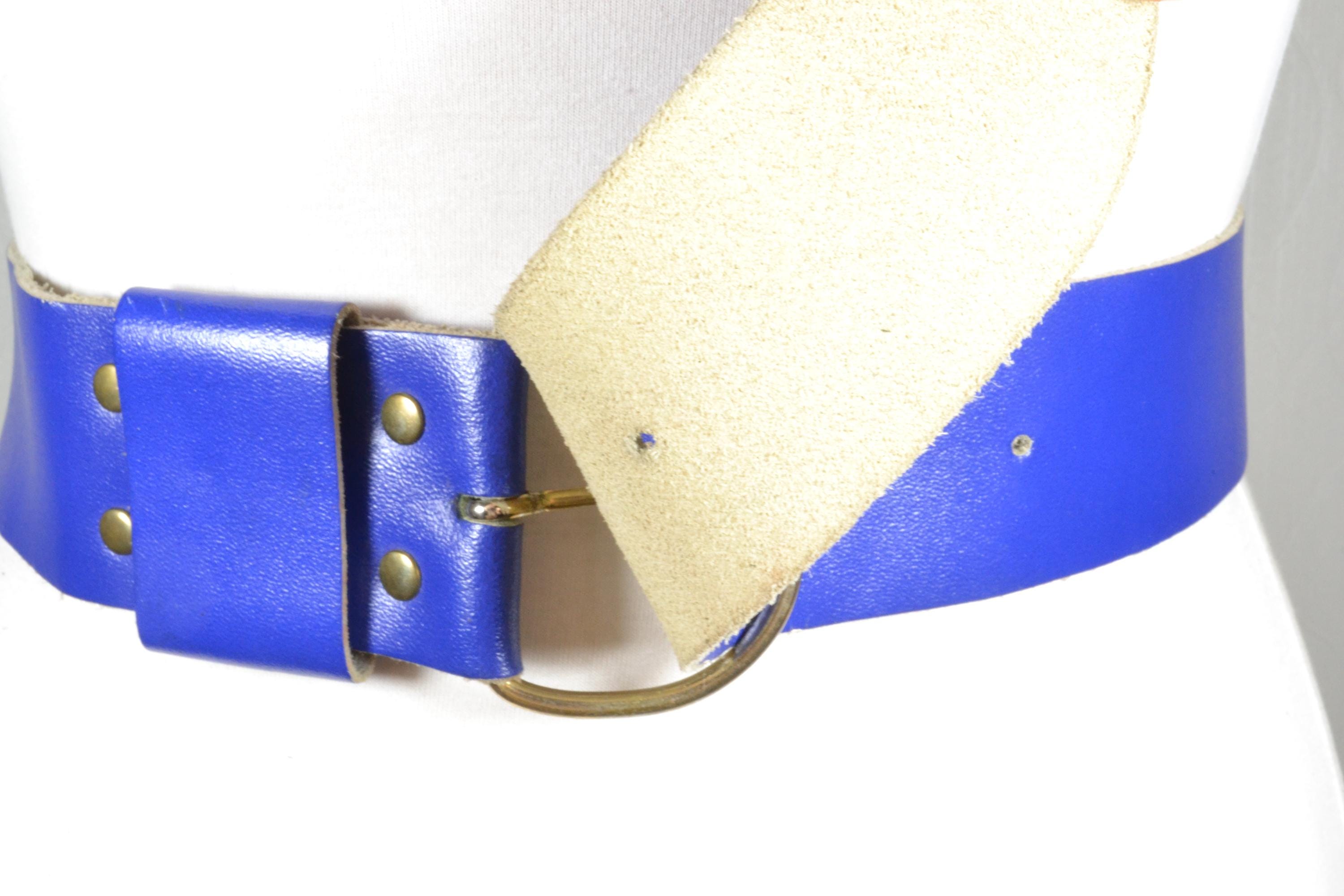Vintage 80s Wide Blue Leather Belt: Round Brass Buckle - Etsy