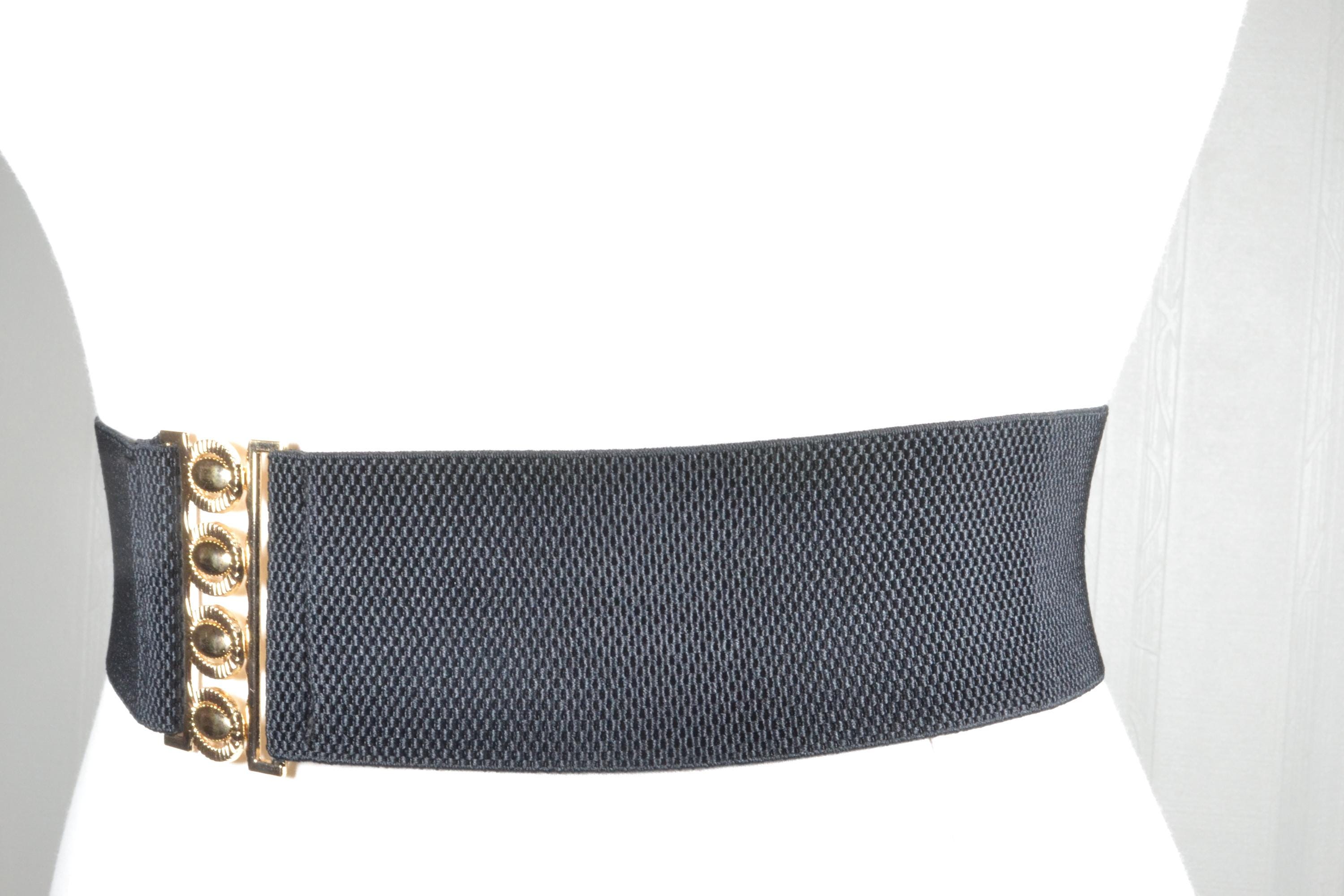 Ceinture Large élastique Pour Femme – Boucle Dorée à Strass, Réglable 74-110 Cm, En Polyester Extensible, Noir