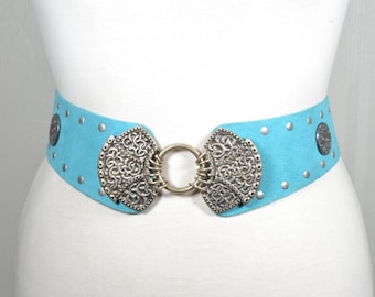 Vintage Boho Turquoise Suede Wide Waist Belt with Ornate Silver Celtic Knot Buckle