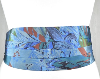 Cinturón elástico vintage de satén para mujer, con diseño floral abstracto azul, cintura ancha, estilo años 80, con cierre de metal.