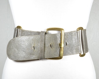 Vintage Wide Gray Leather Belt with Brass Buckle