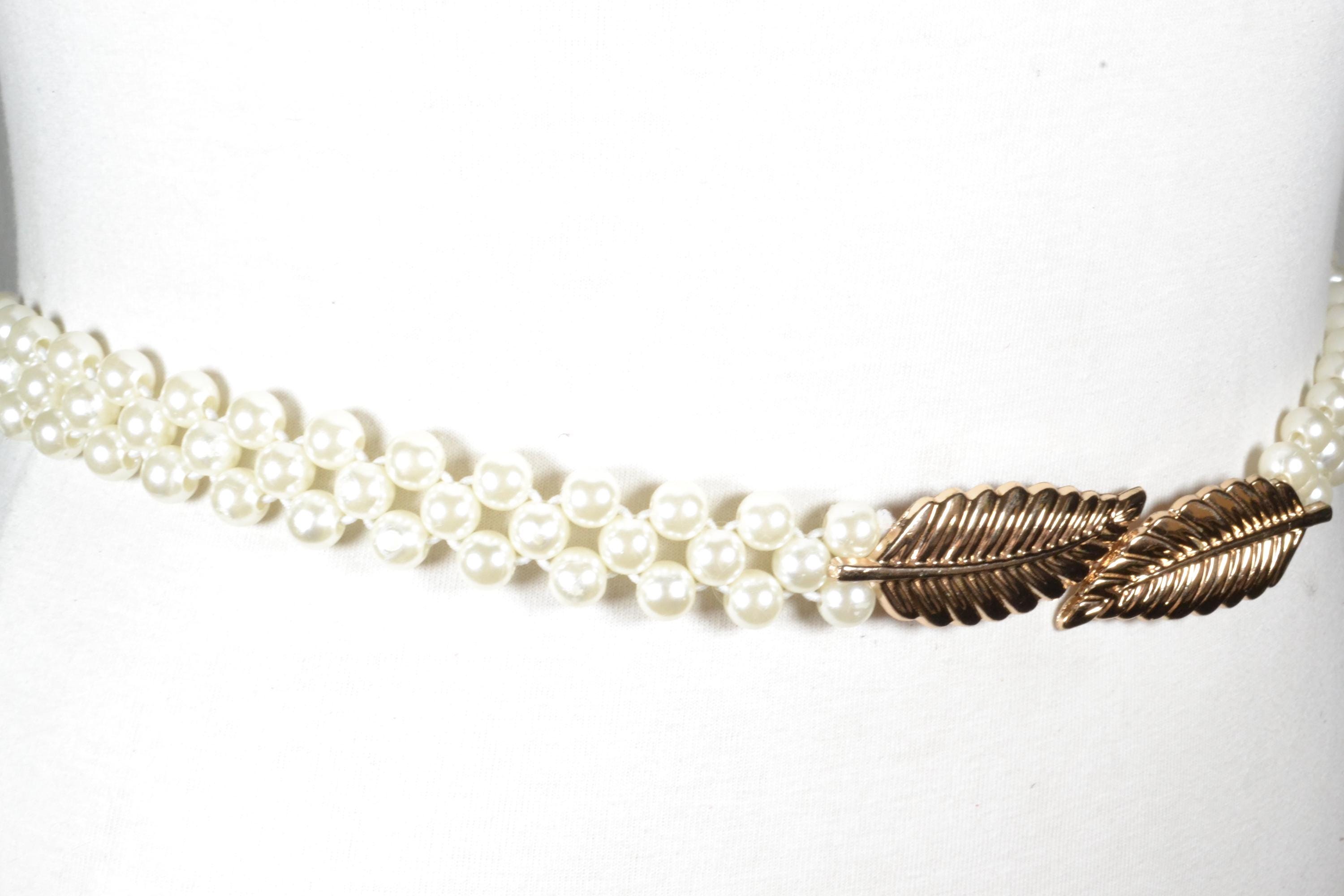 Elegant Pearl Beaded Waist Belt With Gold Leaf Clasp 