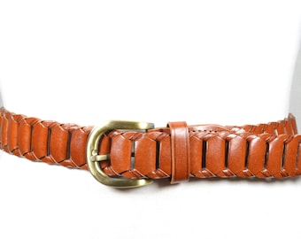 Vintage Western Brown Braided Woven Waist Belt with Gold Buckle